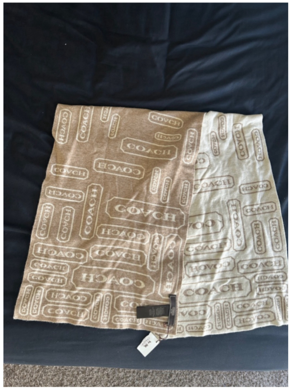 Women's NWT Wool Cashmere Blend Coach Logo Print Scarf, One Size, Beige and Tan